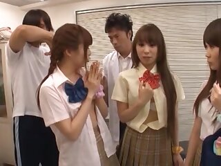 Sweet Japanese schoolgirls in wild cum filled orgy